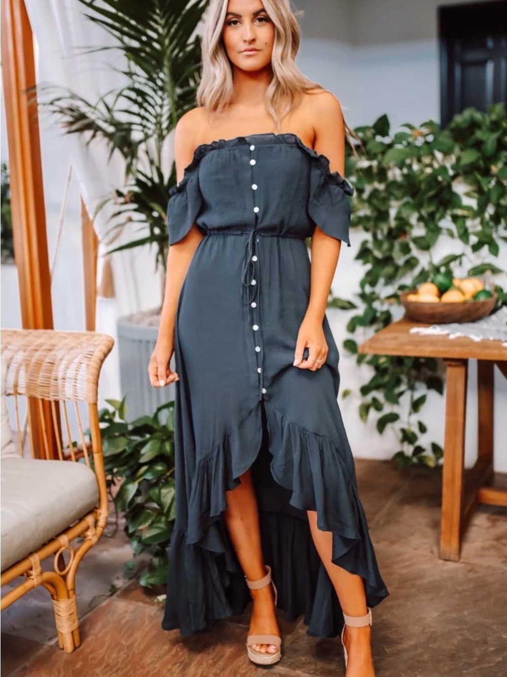 Off-Shoulder Ruffle Button-Front High Low Dress in Navy